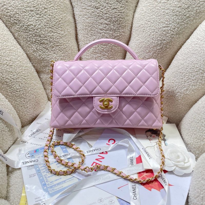 CC 25P Medium Flap Bag 25cm Top Handle Pink Calfskin Gold Hardware