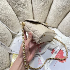 CC 25P Mini Flap Bag 20cm Top Handle Beige Calfskin Gold Hardware