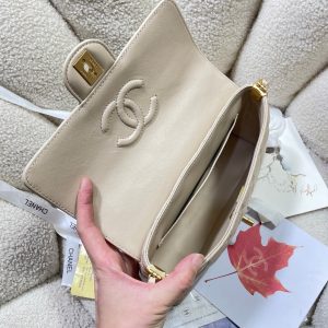 CC 25P Medium Flap Bag 25cm Top Handle Beige Calfskin Gold Hardware
