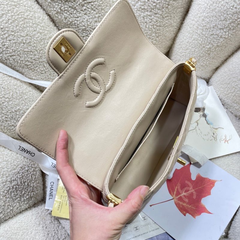 CC 25P Medium Flap Bag 25cm Top Handle Beige Calfskin Gold Hardware