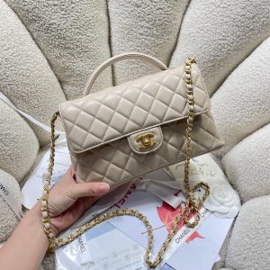CC 25P Medium Flap Bag 25cm Top Handle Beige Calfskin Gold Hardware