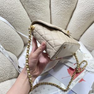 CC 25P Medium Flap Bag 25cm Top Handle Beige Calfskin Gold Hardware