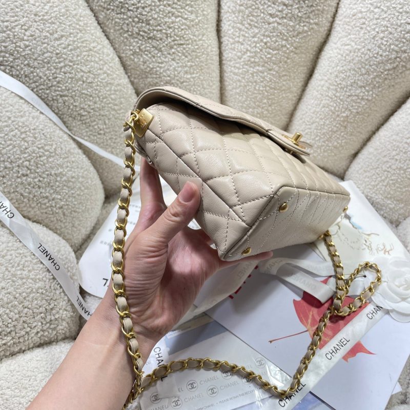 CC 25P Medium Flap Bag 25cm Top Handle Beige Calfskin Gold Hardware