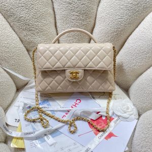 CC 25P Medium Flap Bag 25cm Top Handle Beige Calfskin Gold Hardware