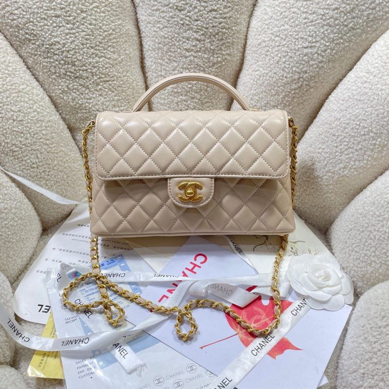 CC 25P Medium Flap Bag 25cm Top Handle Beige Calfskin Gold Hardware