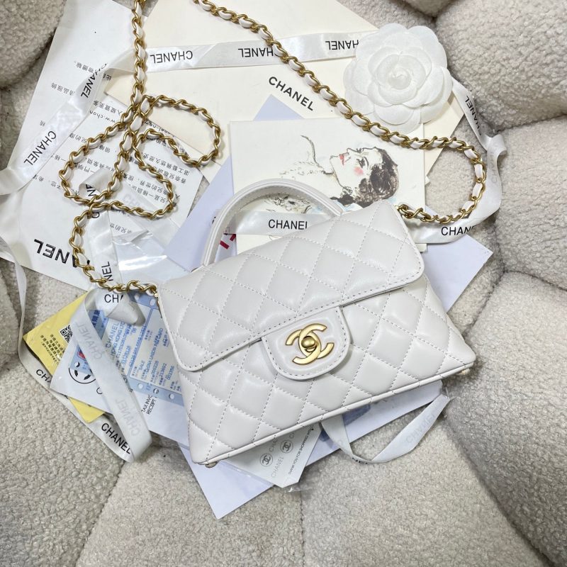 CC 25P Mini Flap Bag 20cm Top Handle Cream Calfskin Gold Hardware