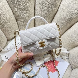 CC 25P Mini Flap Bag 20cm Top Handle Cream Calfskin Gold Hardware