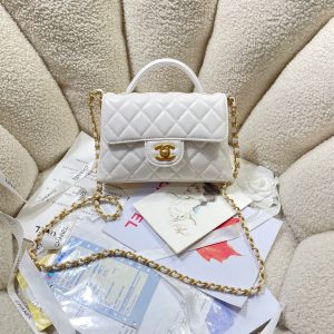 CC 25P Mini Flap Bag 20cm Top Handle Cream Calfskin Gold Hardware