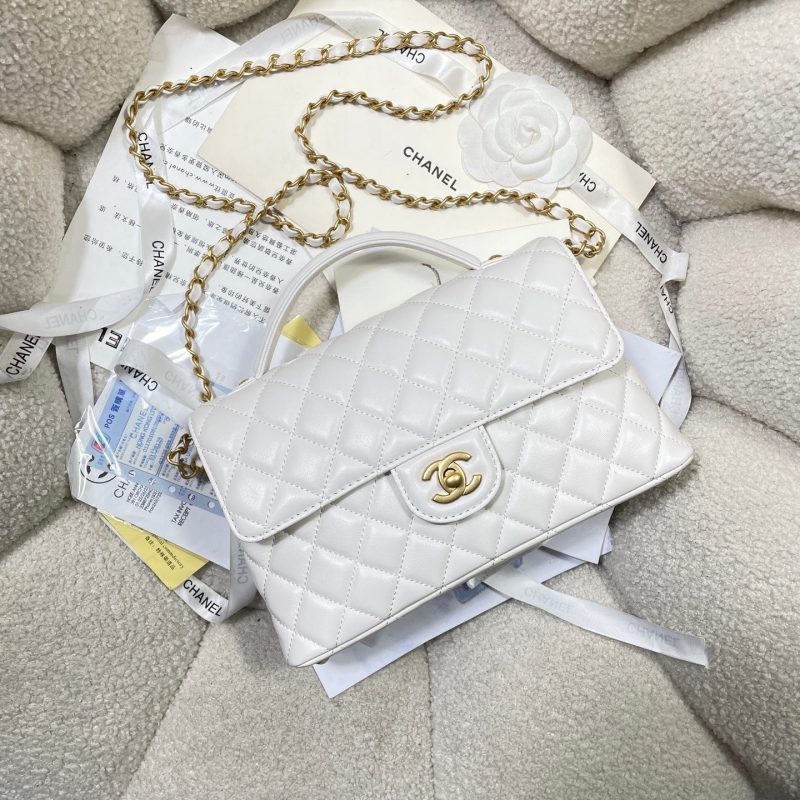 CC 25P Medium Flap Bag 25cm Top Handle Cream Calfskin Gold Hardware