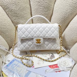 CC 25P Medium Flap Bag 25cm Top Handle Cream Calfskin Gold Hardware