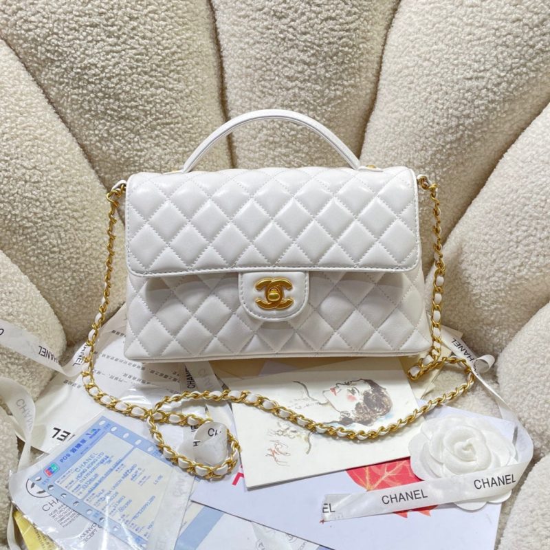 CC 25P Medium Flap Bag 25cm Top Handle Cream Calfskin Gold Hardware