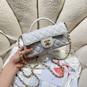 CC 25P Mini Flap Bag 22cm Top Handle Grey Calfskin Gold Hardware
