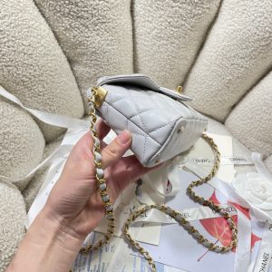 CC 25P Mini Flap Bag 22cm Top Handle Grey Calfskin Gold Hardware