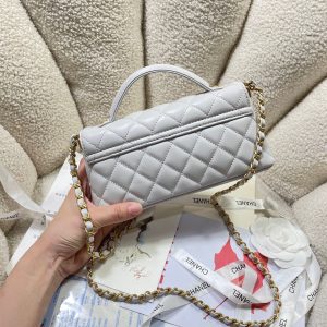 CC 25P Mini Flap Bag 22cm Top Handle Grey Calfskin Gold Hardware