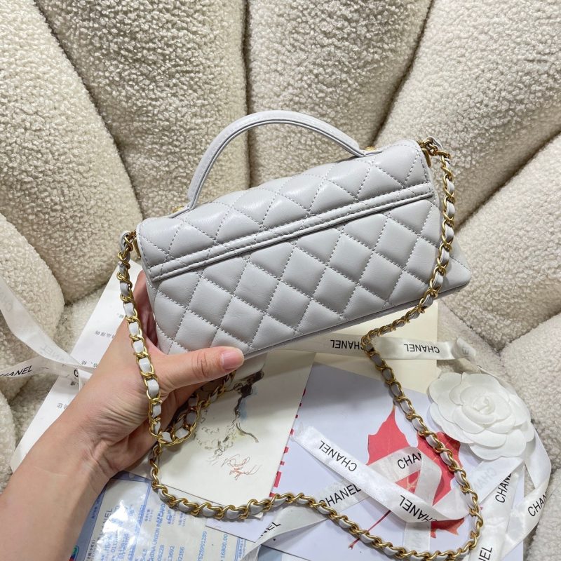 CC 25P Mini Flap Bag 22cm Top Handle Grey Calfskin Gold Hardware