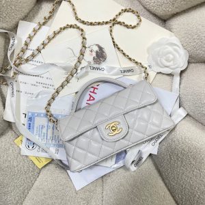 CC 25P Mini Flap Bag 22cm Top Handle Grey Calfskin Gold Hardware