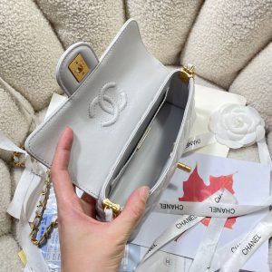 CC 25P Mini Flap Bag 22cm Top Handle Grey Calfskin Gold Hardware