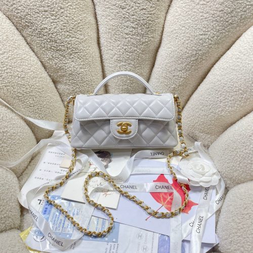 CC 25P Mini Flap Bag 22cm Top Handle Grey Calfskin Gold Hardware