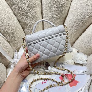 CC 25P Mini Flap Bag 20cm Top Handle Grey Calfskin Gold Hardware