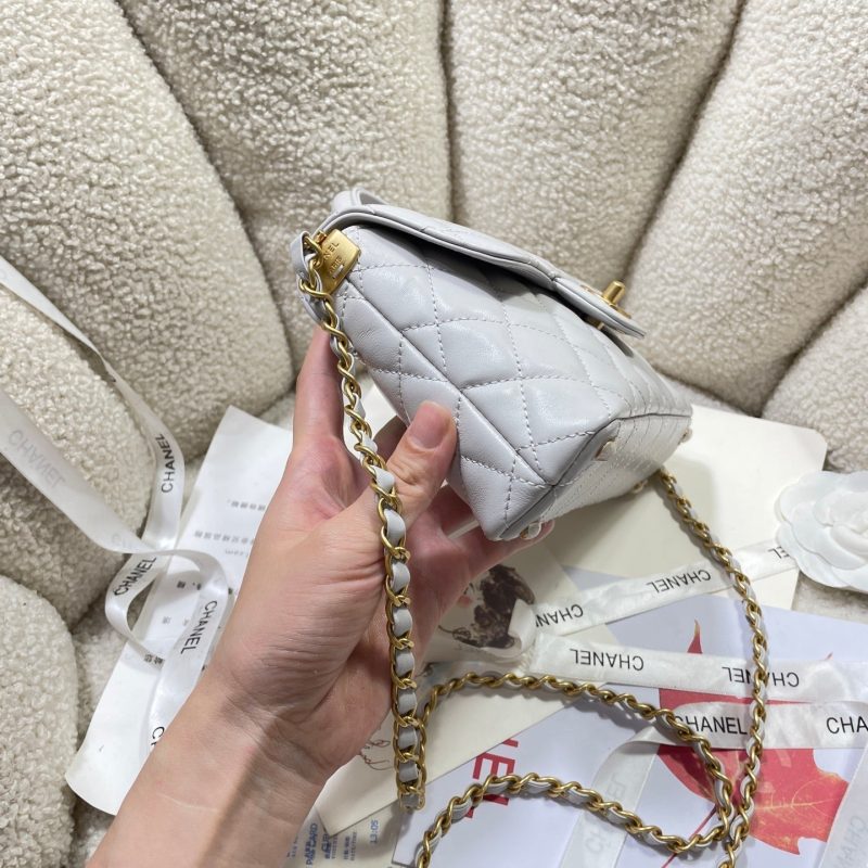 CC 25P Mini Flap Bag 20cm Top Handle Grey Calfskin Gold Hardware