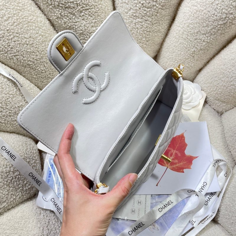 CC 25P Medium Flap Bag 25cm Top Handle Grey Calfskin Gold Hardware