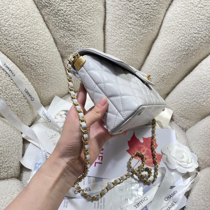 CC 25P Medium Flap Bag 25cm Top Handle Grey Calfskin Gold Hardware