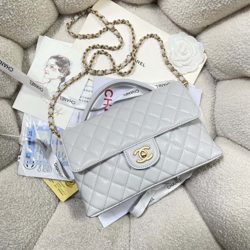 CC 25P Medium Flap Bag 25cm Top Handle Grey Calfskin Gold Hardware