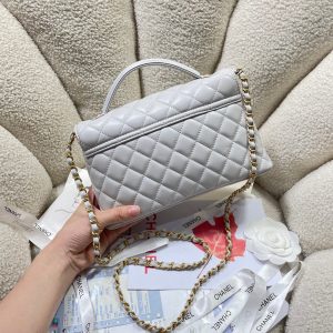 CC 25P Medium Flap Bag 25cm Top Handle Grey Calfskin Gold Hardware