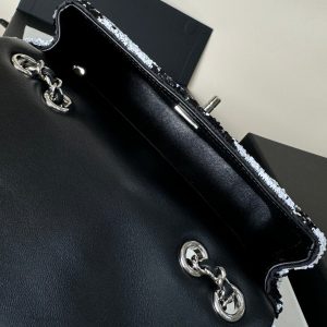 FLAP BAG 20 IN BLACK AND WHITE SAQUINS SILVER HARDWARE