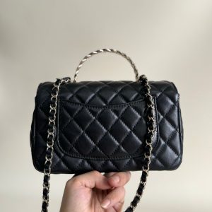 24a mini flap bag top handle 20cm black lambskin silver hardware