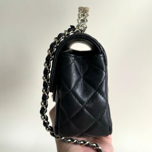 24a mini flap bag top handle 20cm black lambskin silver hardware