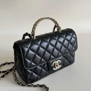 24a mini flap bag top handle 20cm black lambskin silver hardware