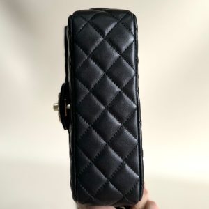 24a mini flap bag top handle 20cm black lambskin silver hardware