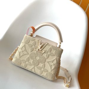 LV Capucine Mini Bag 21cm Vanilla Cotton Canvas Embroidered Pattern GHW