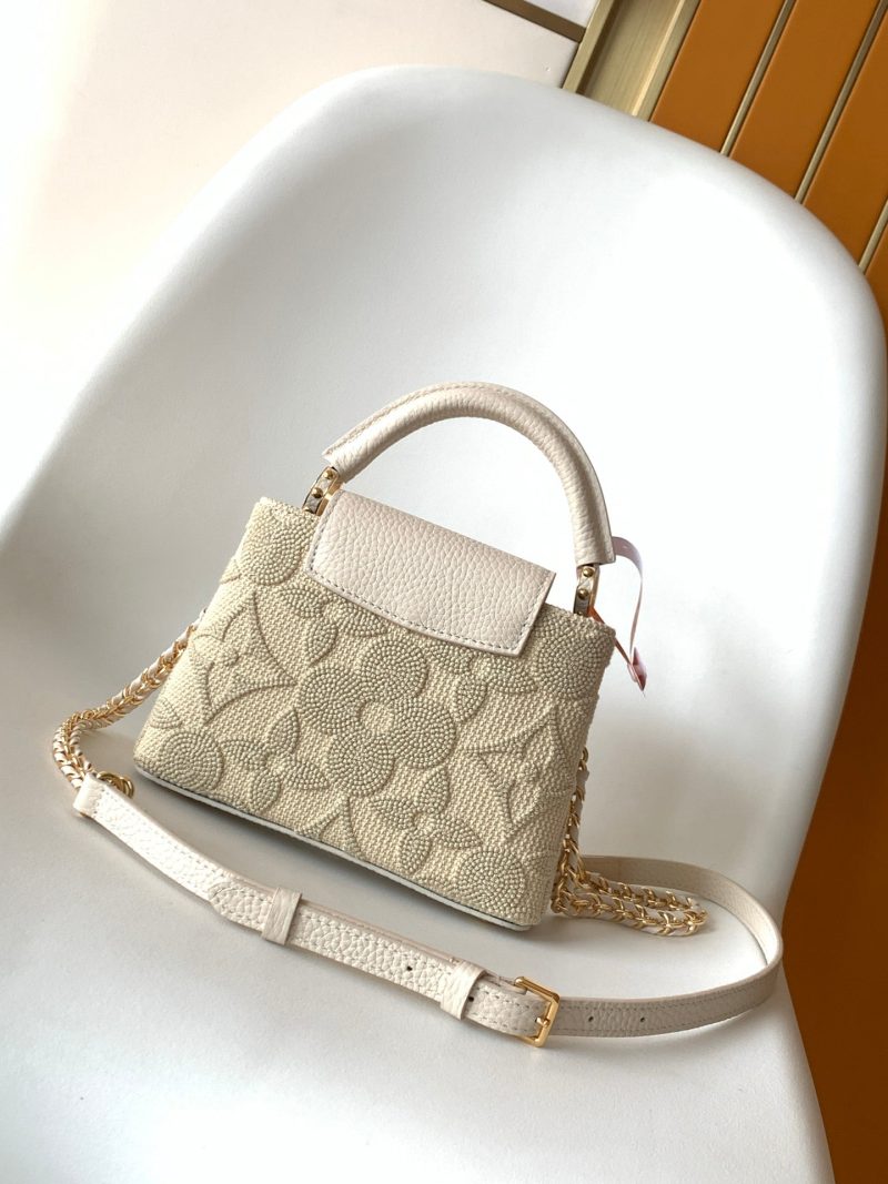 LV Capucine Mini Bag 21cm Vanilla Cotton Canvas Embroidered Pattern GHW
