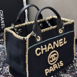 CC Deauville Tote Bag 32cm Beige Black Cotton Crochet Leather Handles