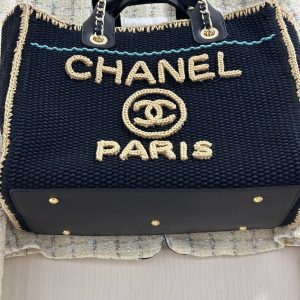 CC Deauville Tote Bag 32cm Beige Black Cotton Crochet Leather Handles