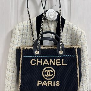 CC Deauville Tote Bag 32cm Beige Black Cotton Crochet Leather Handles