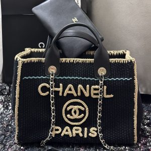 CC Deauville Tote Bag 32cm Beige Black Cotton Crochet Leather Handles