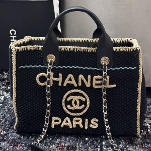CC Deauville Tote Bag 32cm Beige Black Cotton Crochet Leather Handles
