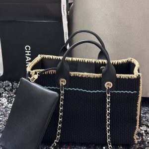 CC Deauville Tote Bag 32cm Beige Black Cotton Crochet Leather Handles