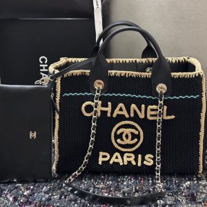 CC Deauville Tote Bag 32cm Beige Black Cotton Crochet Leather Handles