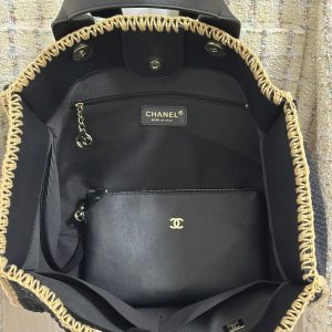 CC Deauville Tote Bag 32cm Beige Black Cotton Crochet Leather Handles