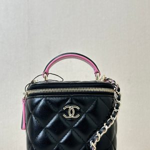 vanity shoulder bag top handle 10cm black pink lambskin