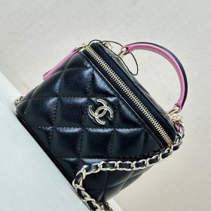 vanity shoulder bag top handle 10cm black pink lambskin