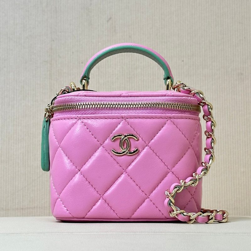 vanity shoulder bag top handle 10cm pink green lambskin