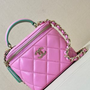vanity shoulder bag top handle 10cm pink green lambskin