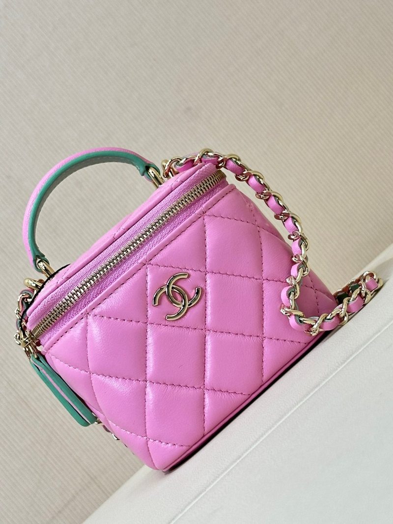 vanity shoulder bag top handle 10cm pink green lambskin