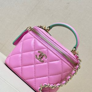vanity shoulder bag top handle 10cm pink green lambskin