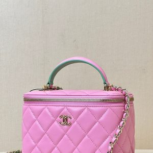 vanity shoulder bag top handle 17cm pink green lambskin